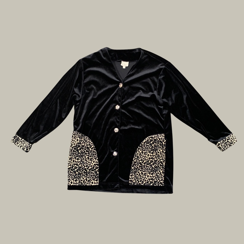 Personality Cardigan Women Small Black Velvet Leopard Trim Button Up Mob Wife